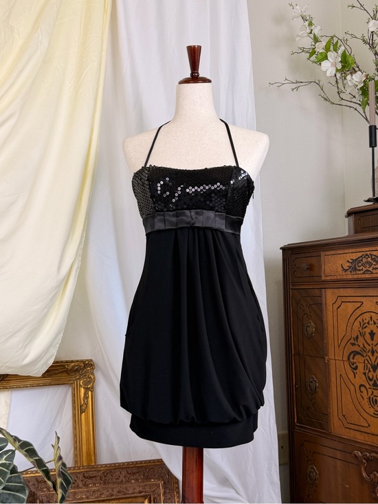 Cache Dresses & Skirts - Vintage Cache Black Sequin Halter Empire-Waist Mini Dress Prom Party Goth Chic